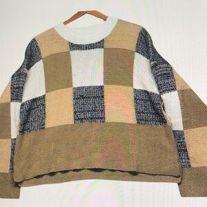Plaid Knit Sweater in Black, White, and Tan